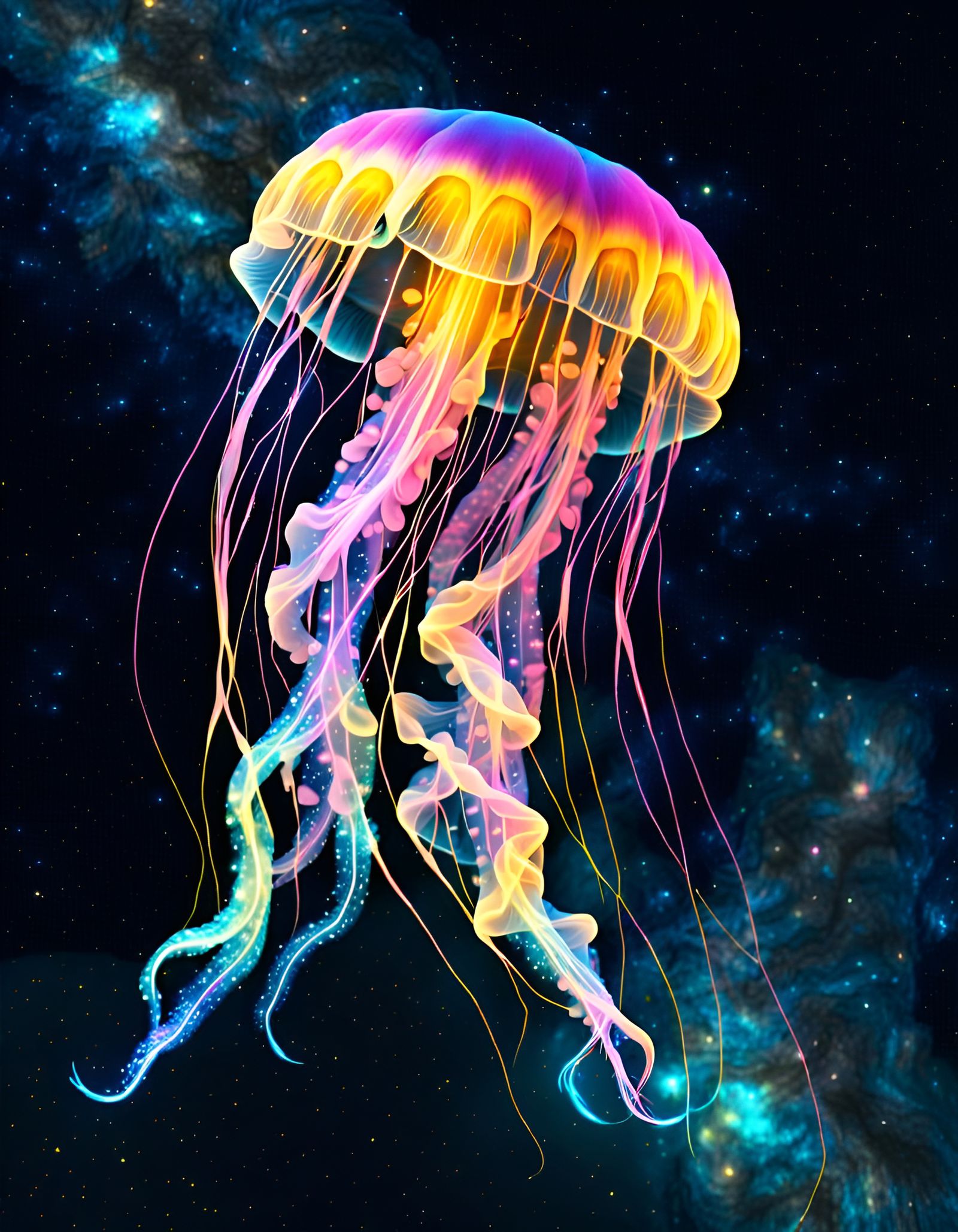 Bioluminescent Jellyfish in Space with Galaxy Colors