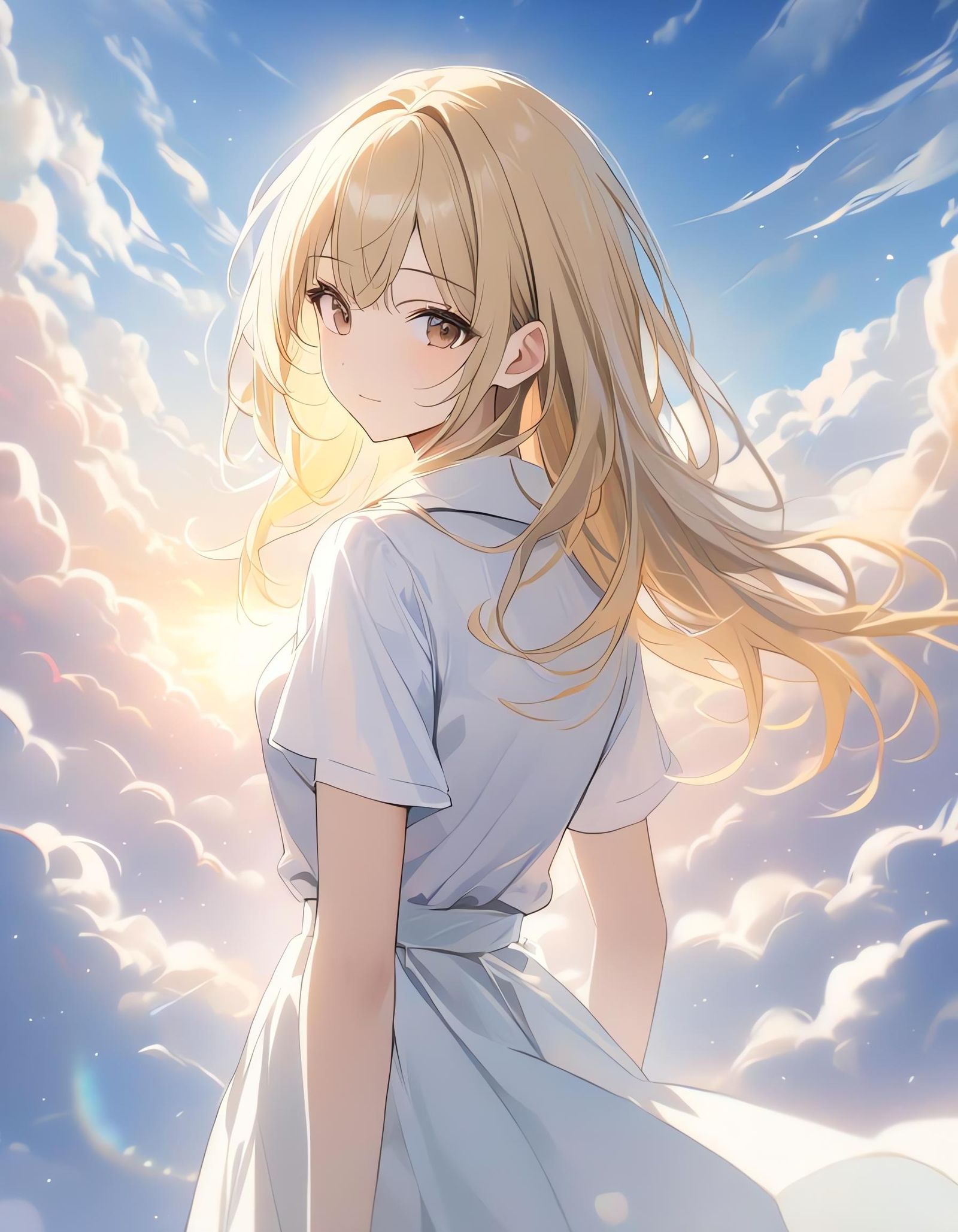 Blonde Woman in Clouds with Sunshine Beams