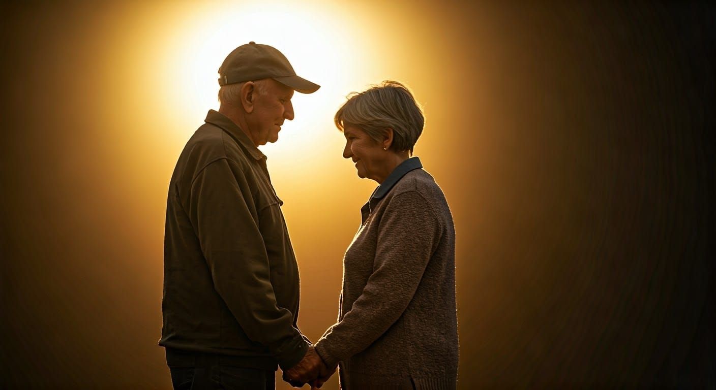Warm Golden Moment of Intimacy between Two Elderly Lovers