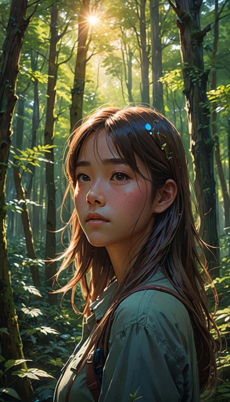 Girl in Whimsical Forest, Anime-Inspired Concept Art