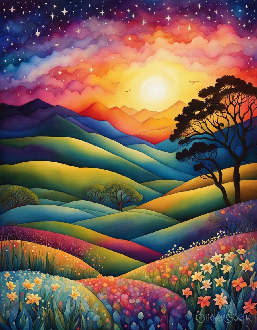 Malibu Sunrise Storybook Illustration in Romantic Style