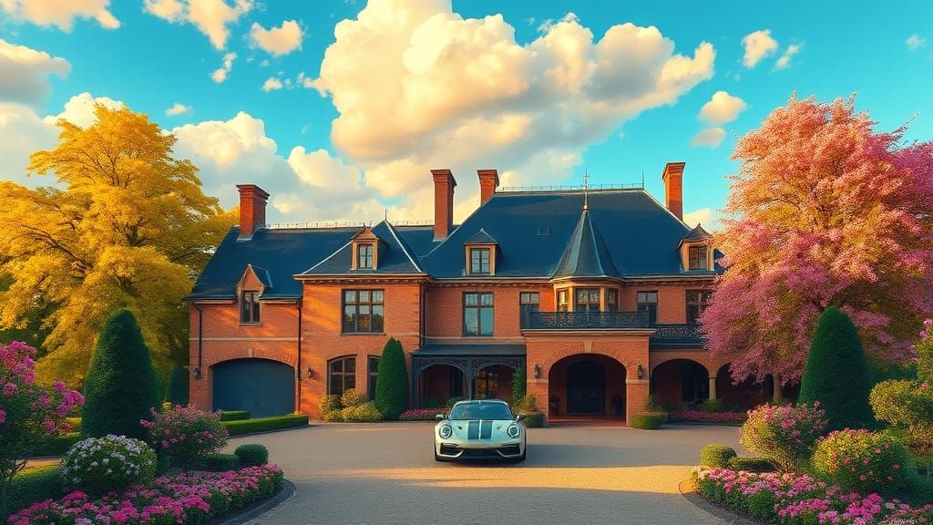 Grand Chateau Surrounded by Supercars and Gardens