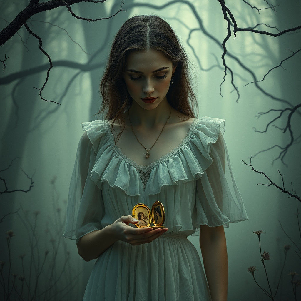 Melancholic Woman in Misty Forest, Ethereal Art