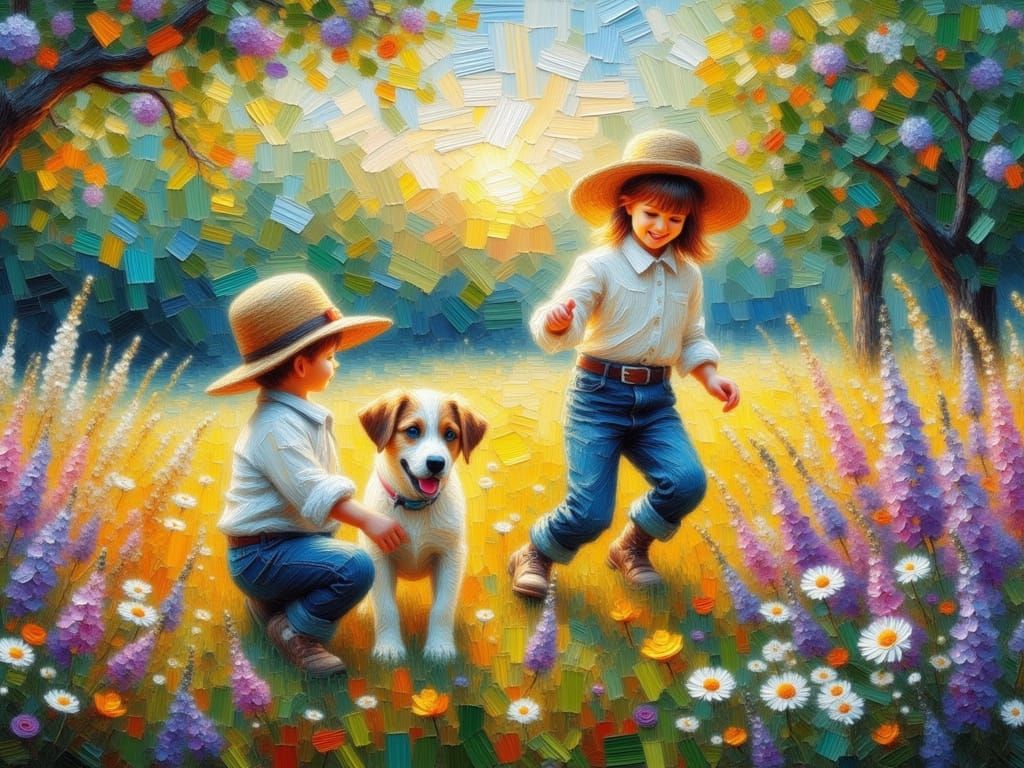 Children's Joyful Play in a Vibrant Garden Scene