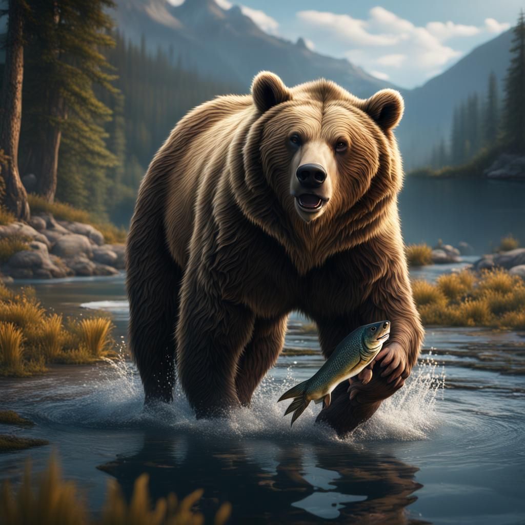 Grizzly Bear Fishing: Detailed Matte Painting