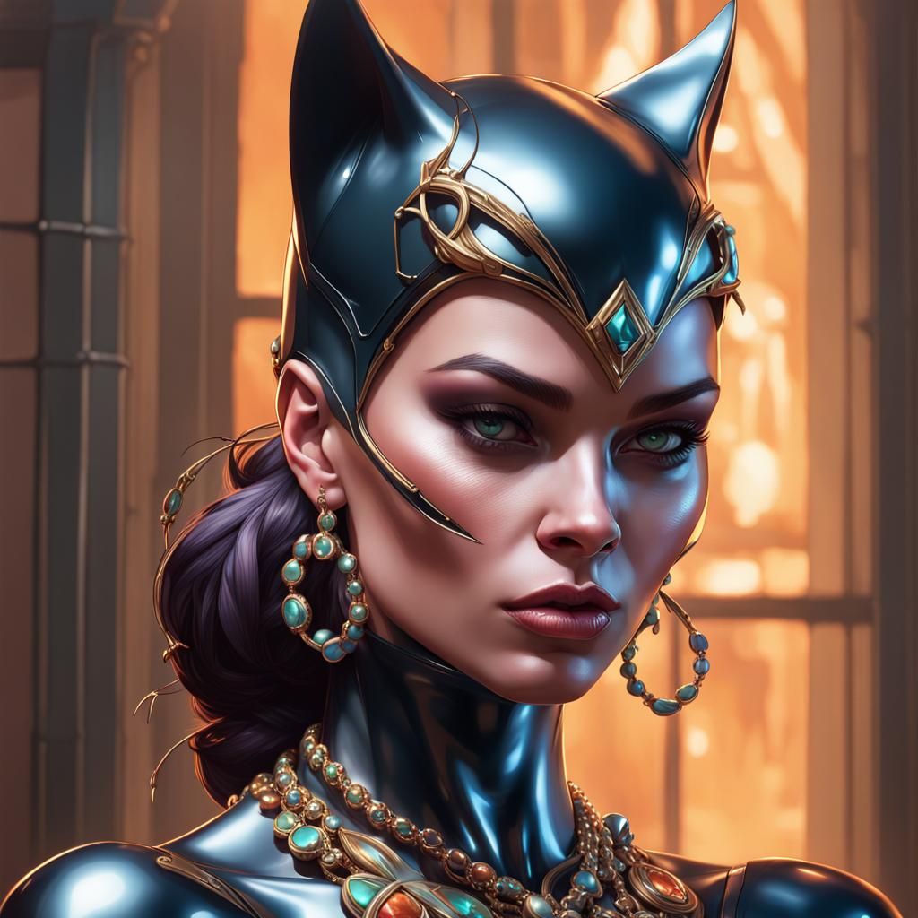 Catwoman Portrait with Jewelry in Digital Art Style