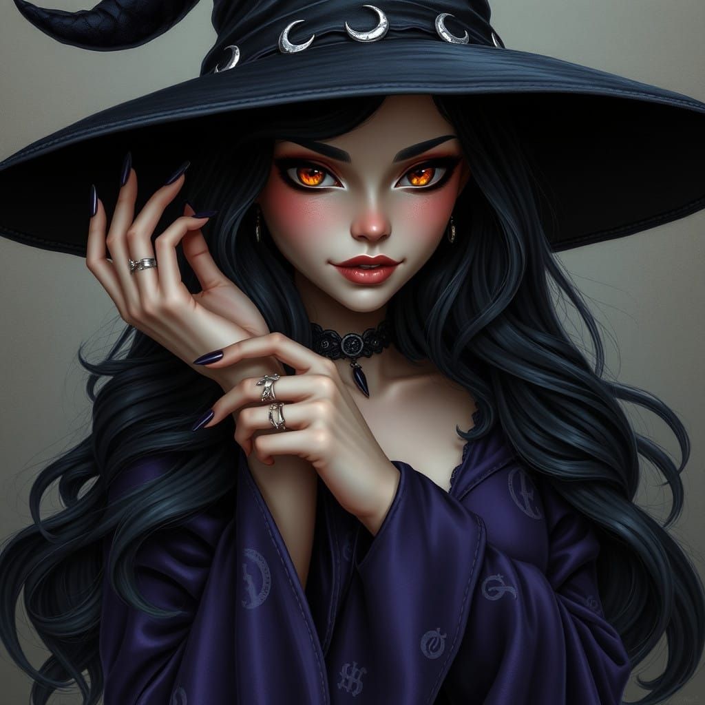 Ethereal Witch in Midnight Purple Garb with Amber Eyes