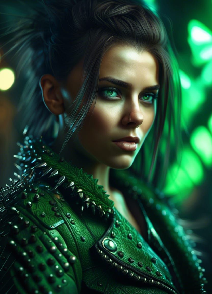Brunette in Spiked Leather Jacket: Digital Painting