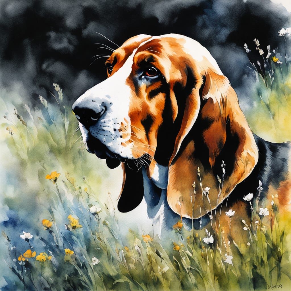 Basset Hound in Meadow, Chinese Ink Painting Style
