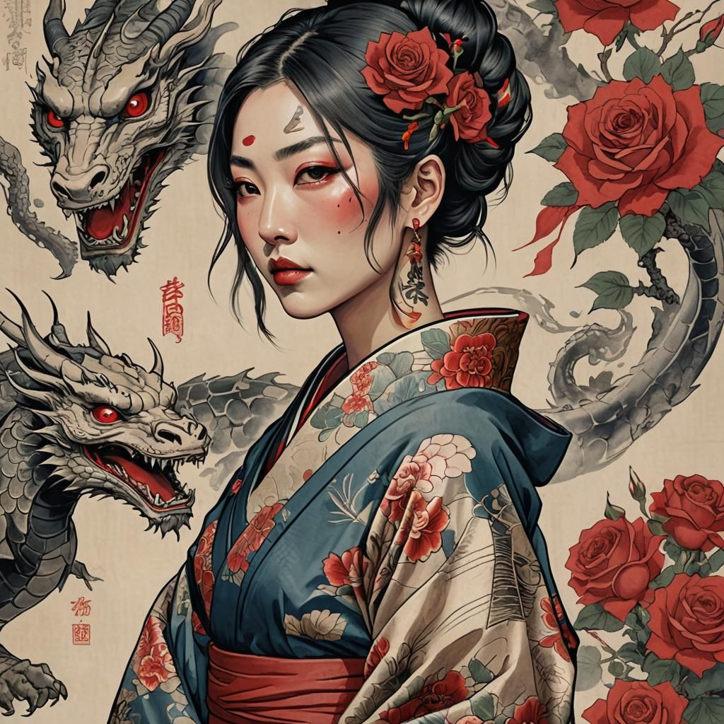 Dragon Tattoo Portrait in Ukiyo-e Style
