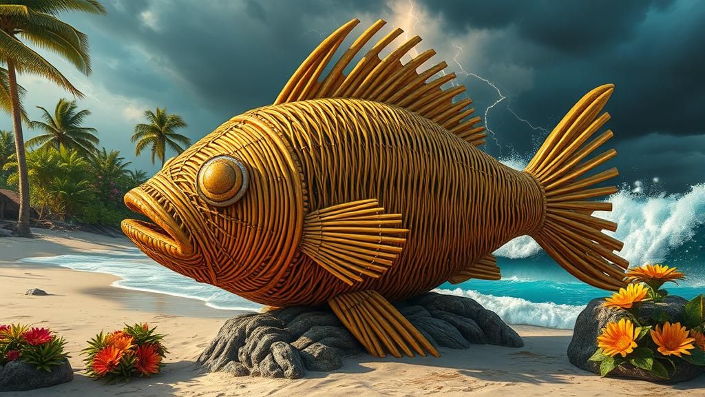 Golden Wicker Fish Sculpture on Stormy Beach