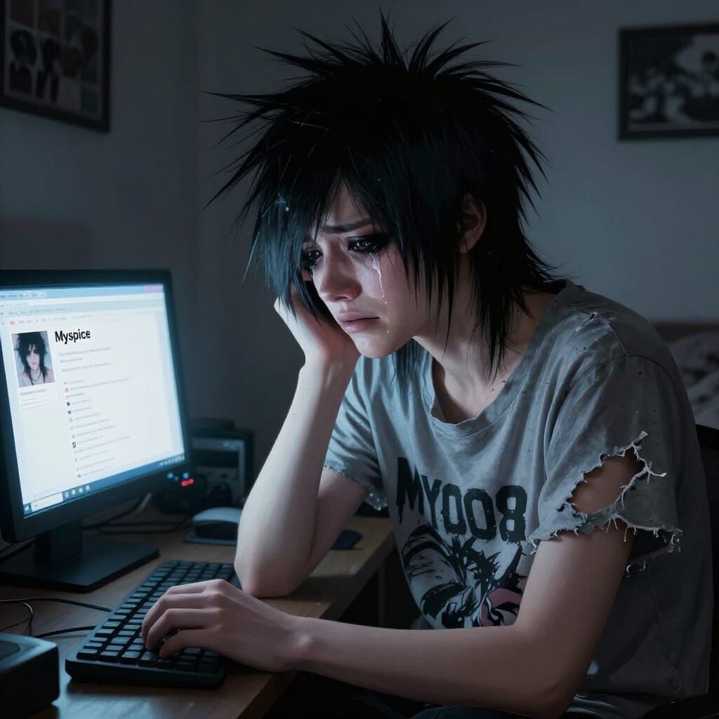 Emo Teenager Crying in Dimly Lit Bedroom