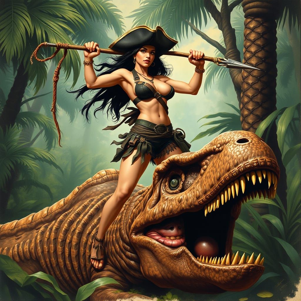 Victorious Pirate Woman with Dinosaur Corpse, Frazetta Style