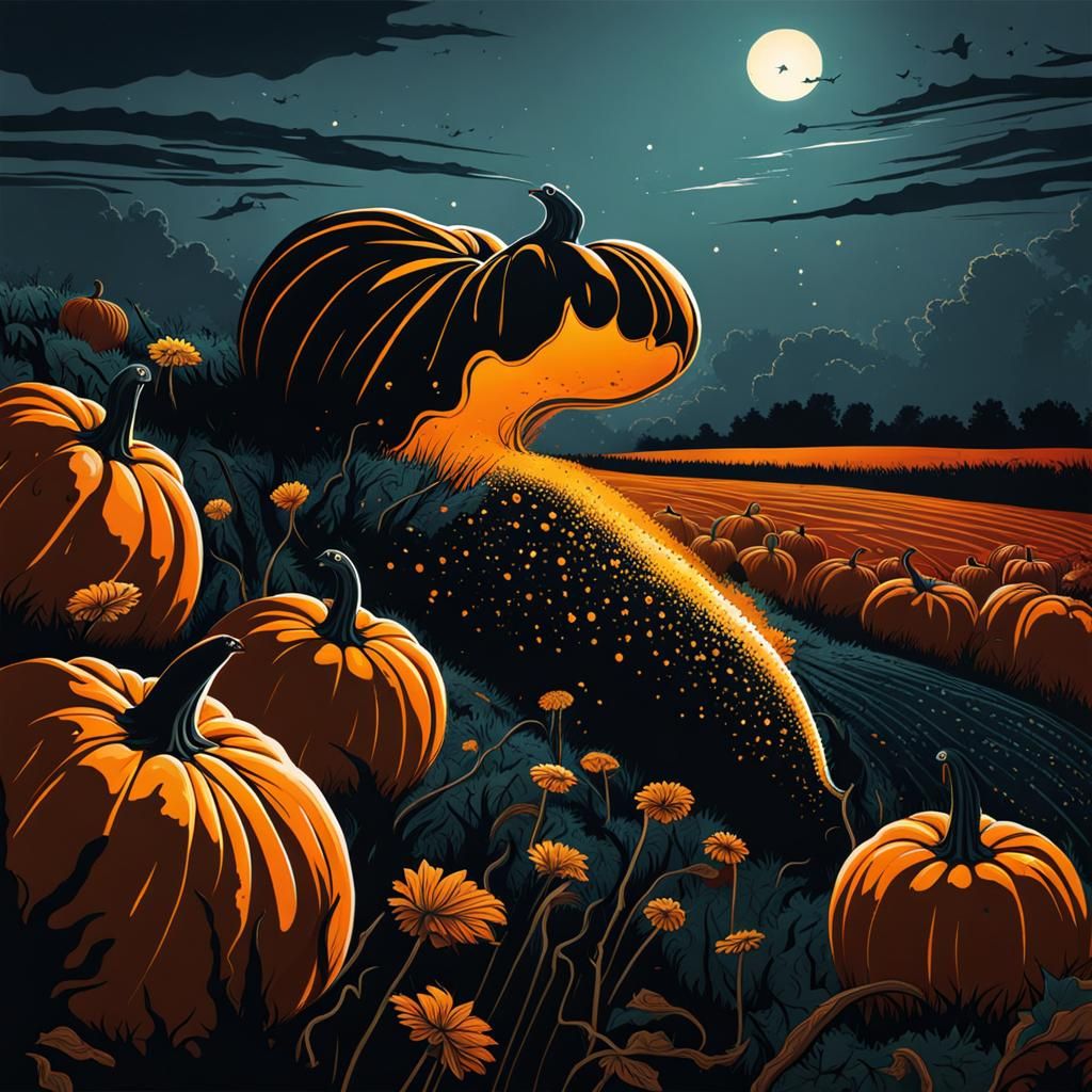 Slug on Pumpkin Field in Ink Splash Art