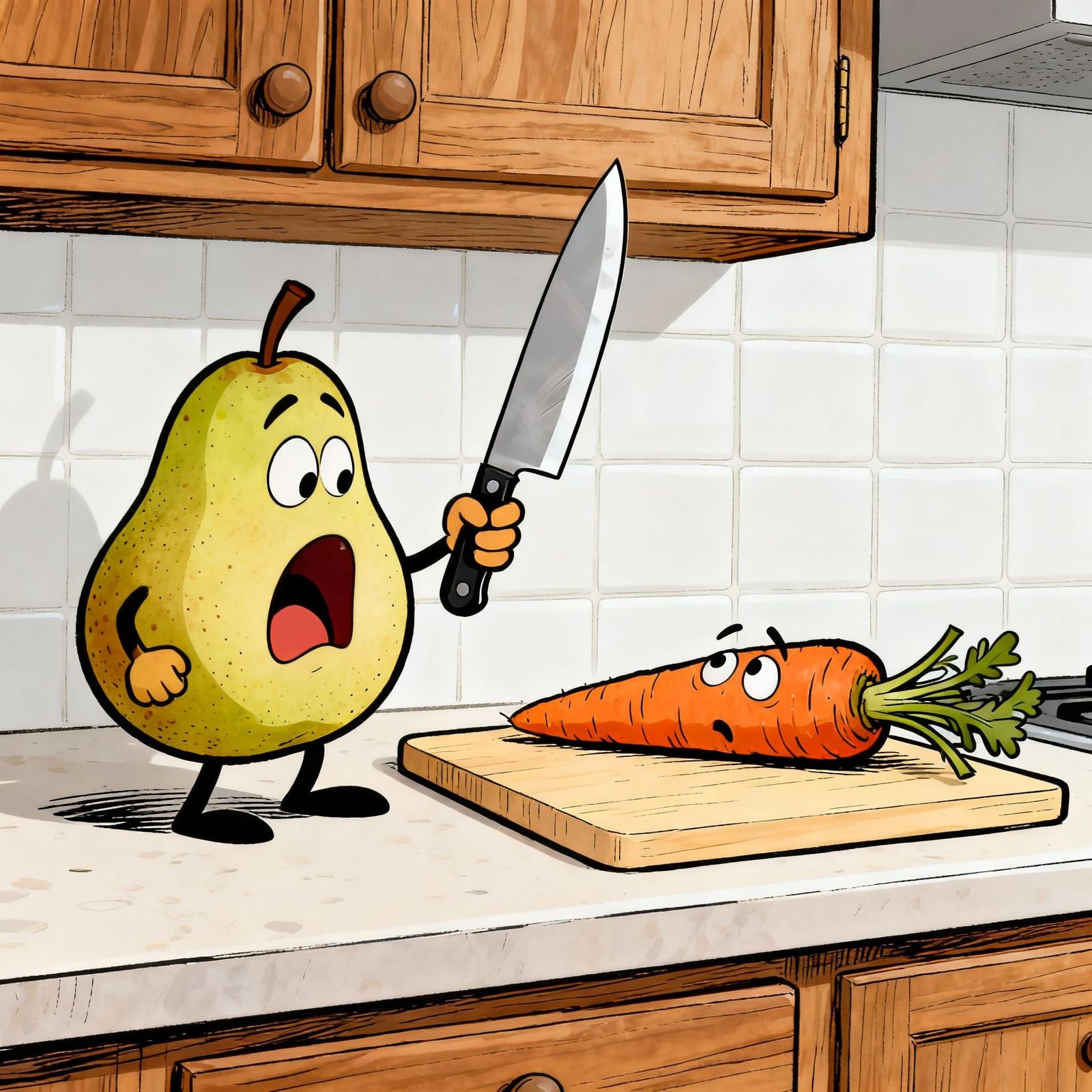 Personified Pear Threatens Carrot in Kitchen