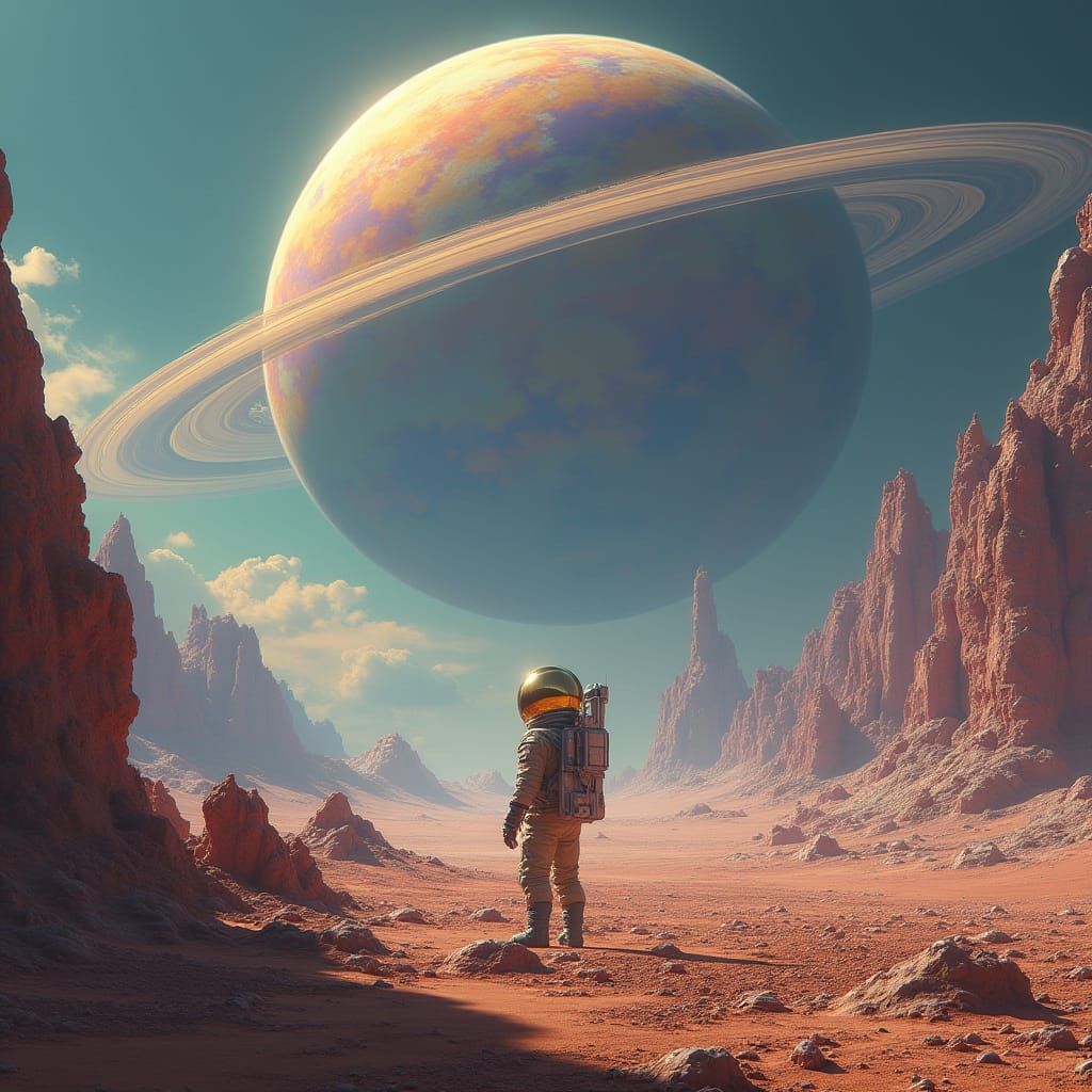 Astronaut Contemplates Majestic Gas Giant on Alien Moon