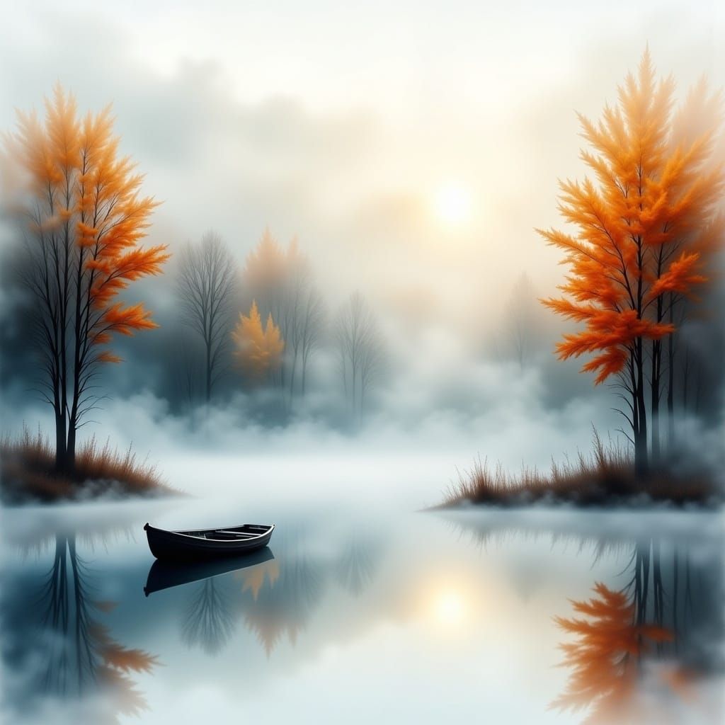 Watercolor Lake Landscape with Boat