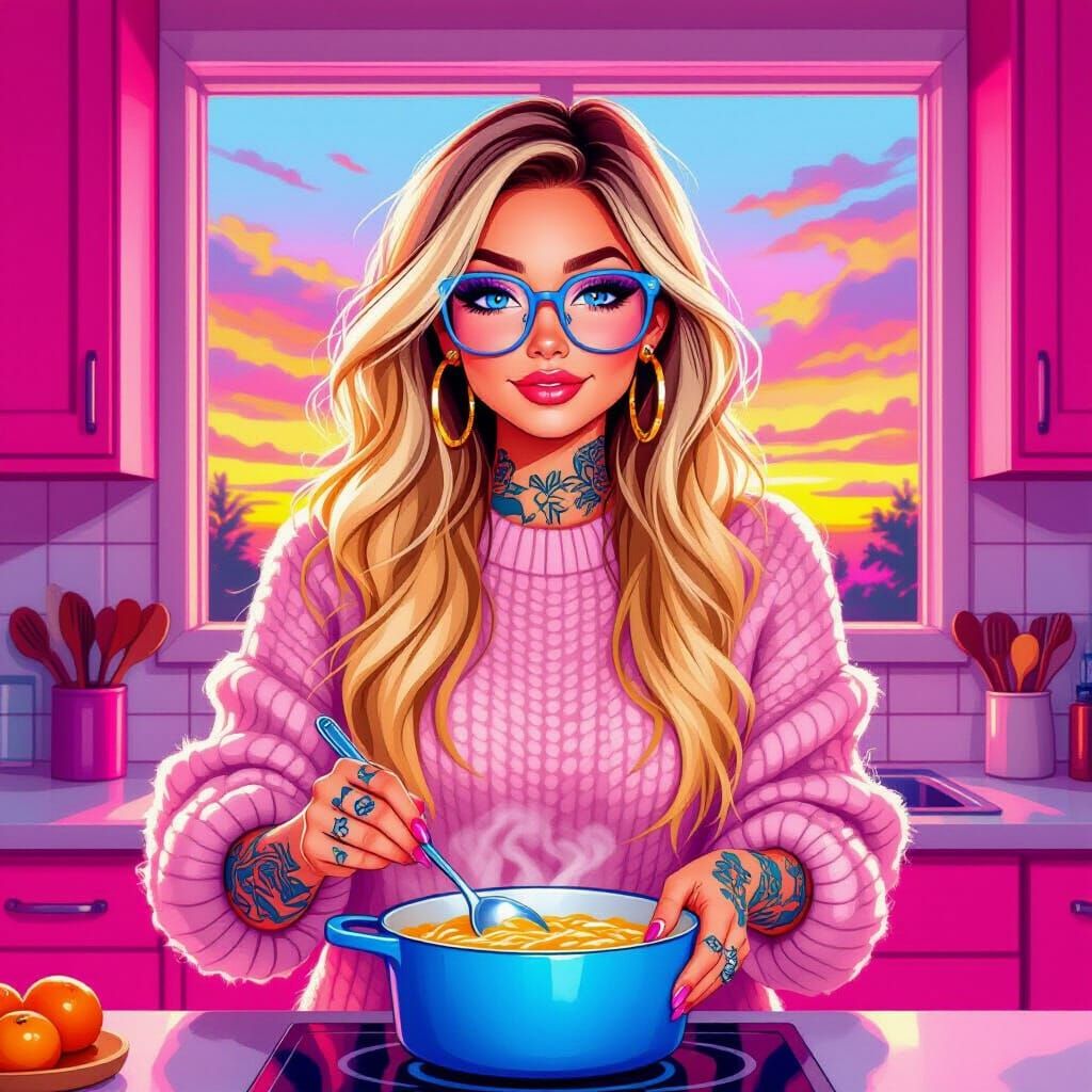 Sassy Lady Cooking in Pink Kitchen as Oil Painting