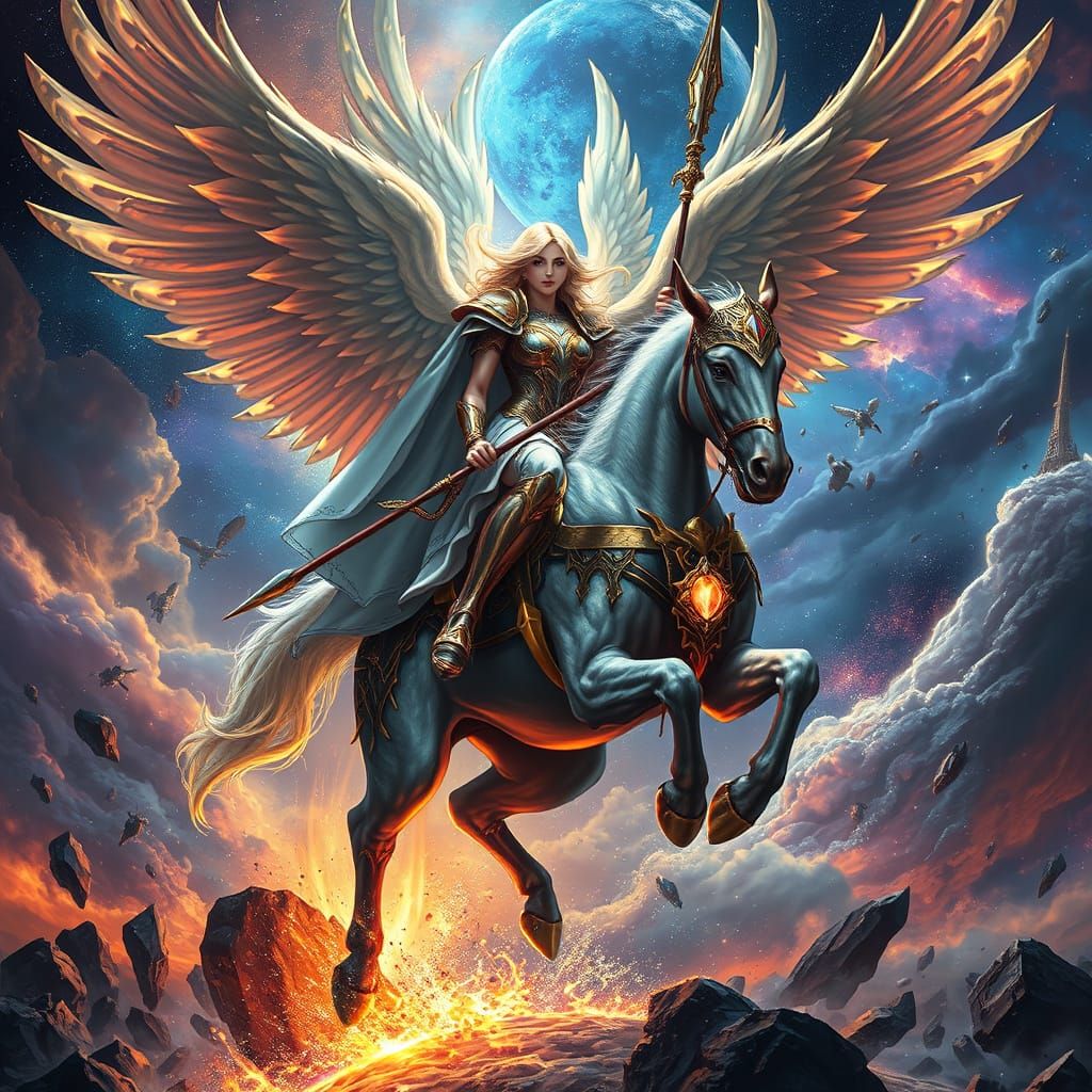 Celestial Valkyrie Rides Winged Steed Over Nebula