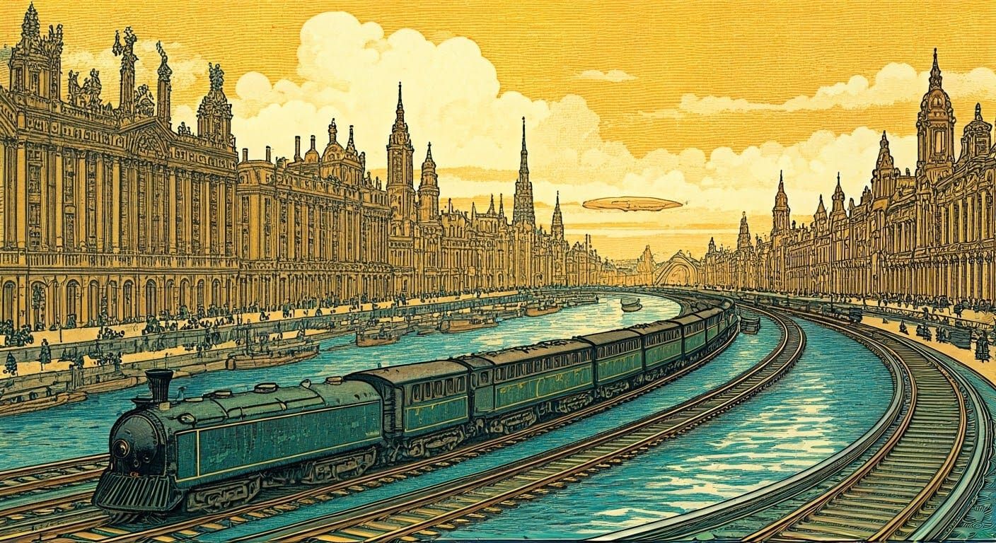 Surreal Futuristic Cityscape with Art Nouveau Flair and Zepp...