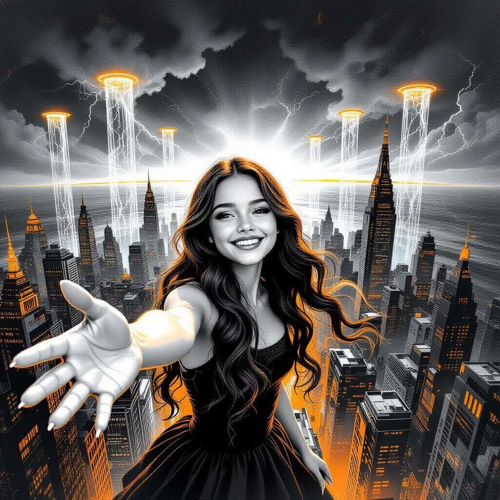 Surreal Cosmic City with Girl Greeting, Graphite and Orange ...