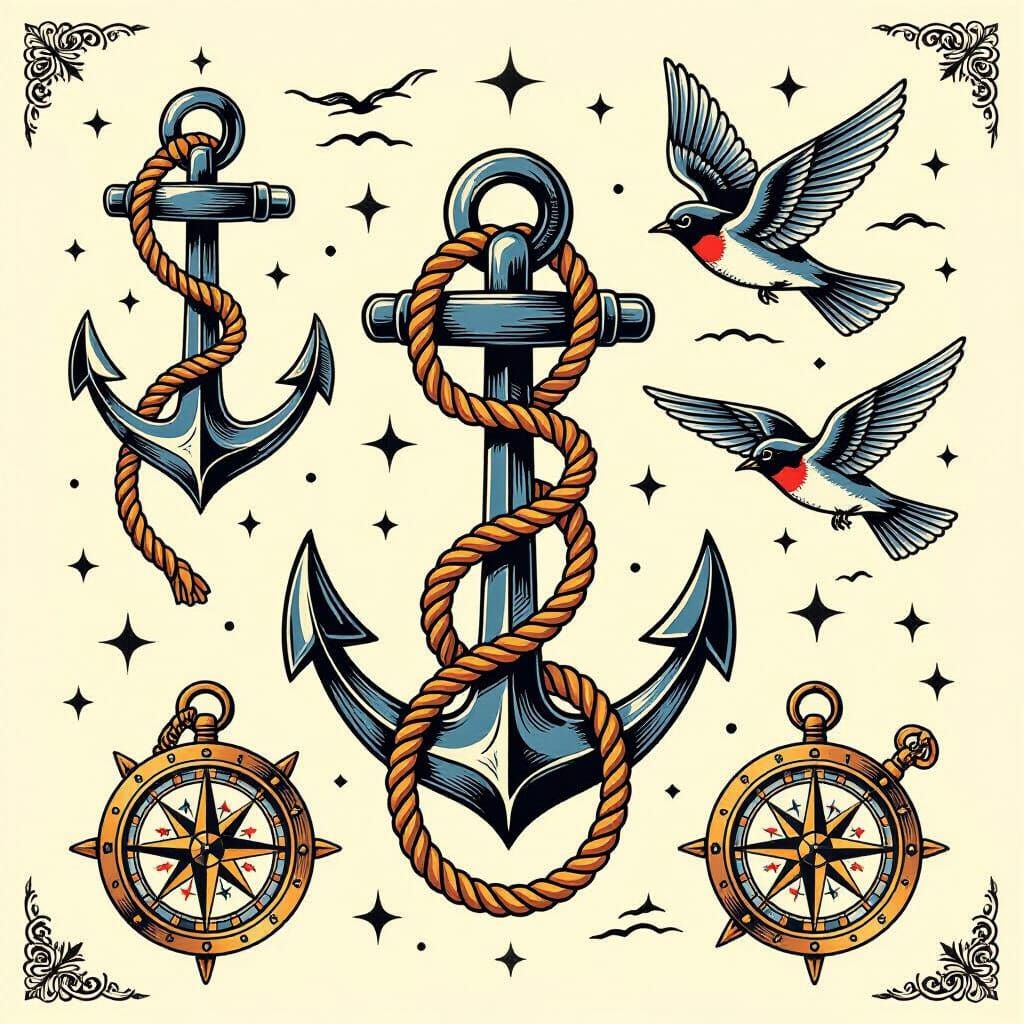Nautical Flash Tattoo Sheet in Traditional Style