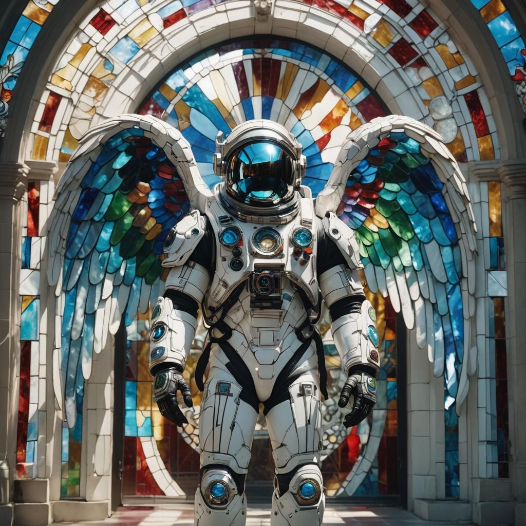Biomechanical Astronaut with Stained Glass Wings