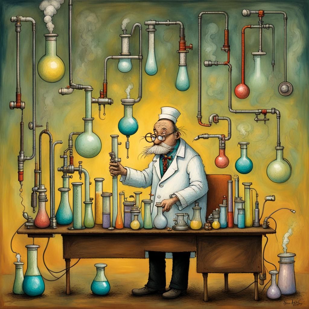 Mad Scientist's Steampunk Laboratory in Cartoon Style