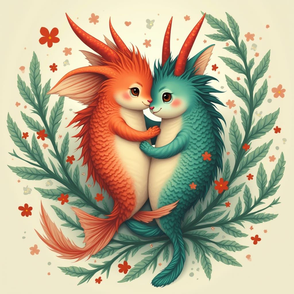 Tenderly Entwined Fantastical Creatures in Vibrant Colors