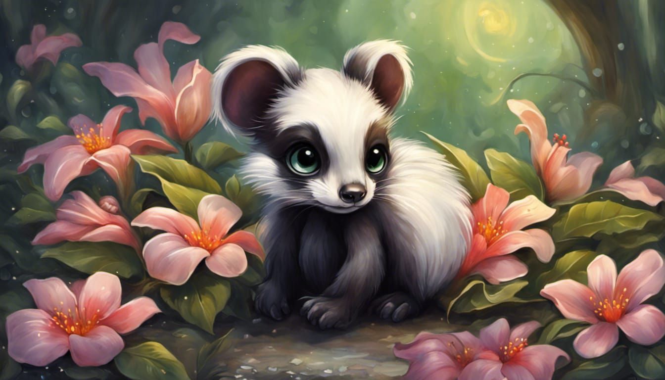 Chibi Skunk with Tropical Flowers at Sunset
