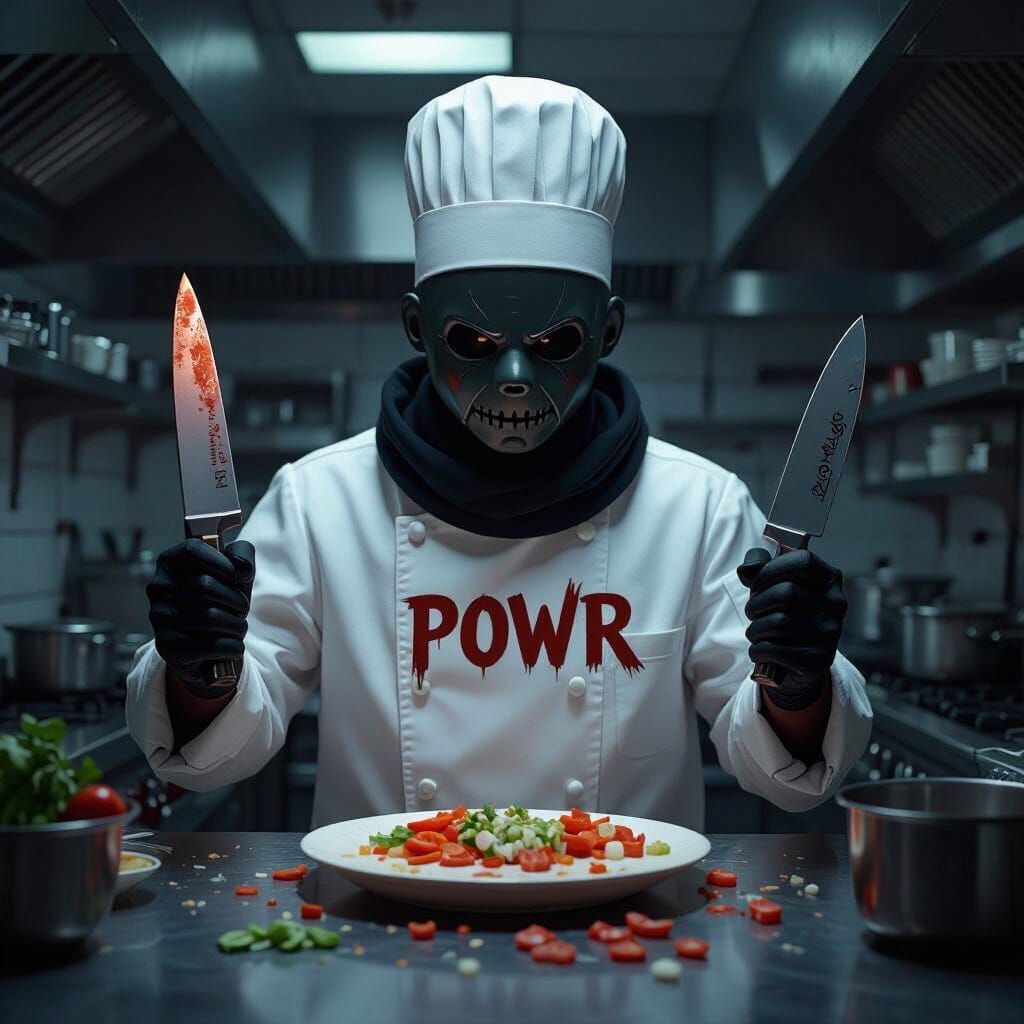 Cartoon Michael Myers as a Chef in a Bright Kitchen