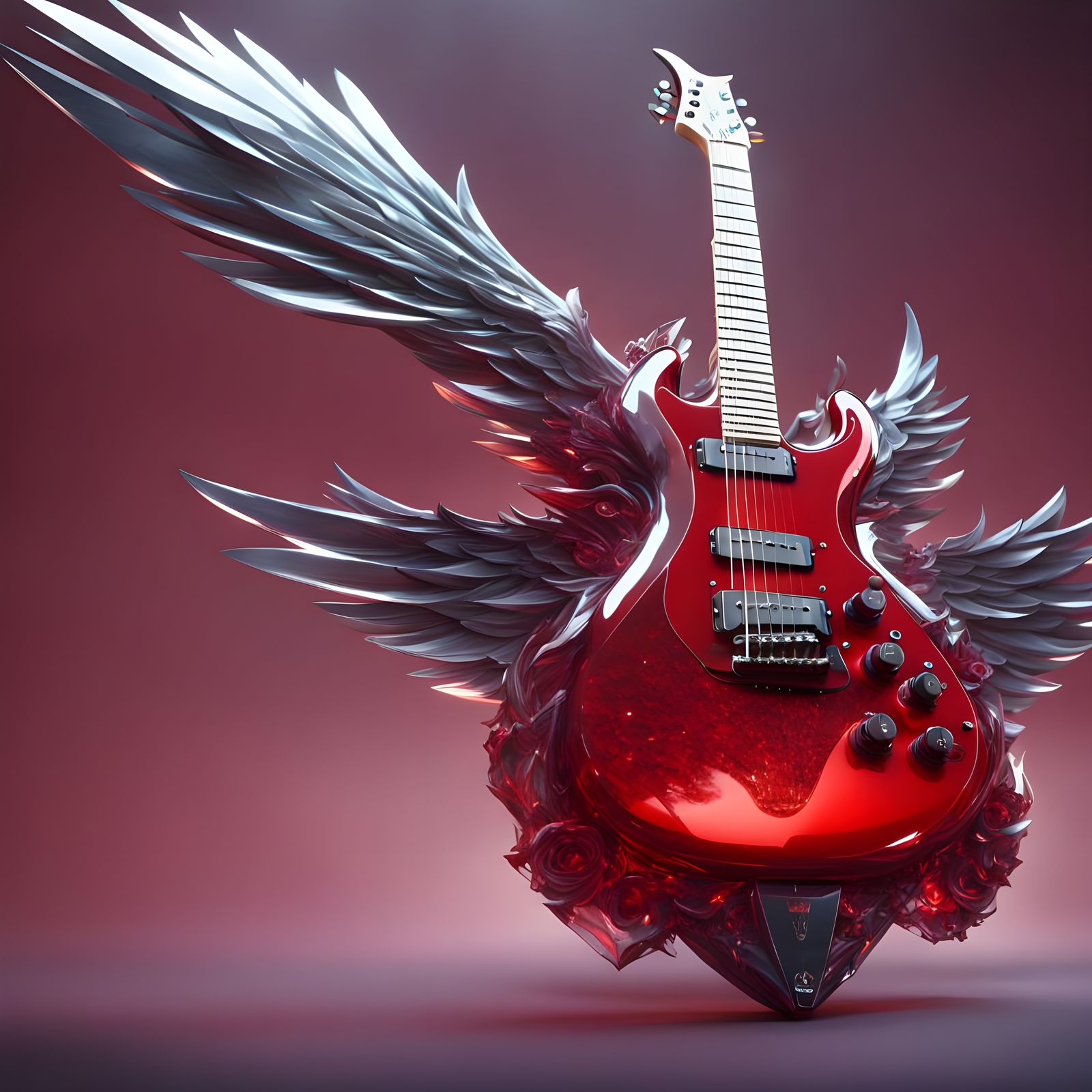 Enormous crystal RED Glass, shiny steel Electric guitar with wings