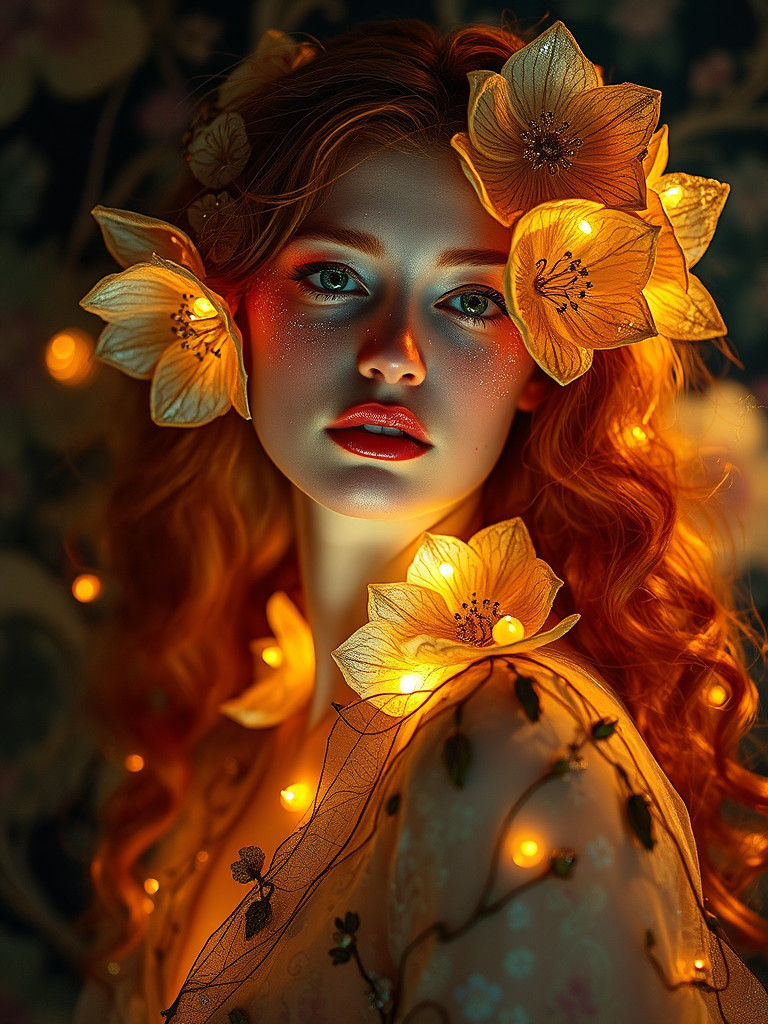 A mystical ginger woman with translucent skin poses in a bio...