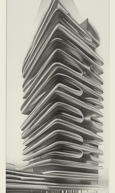 Organic Skyscraper Blueprint in Retro-Futuristic Style