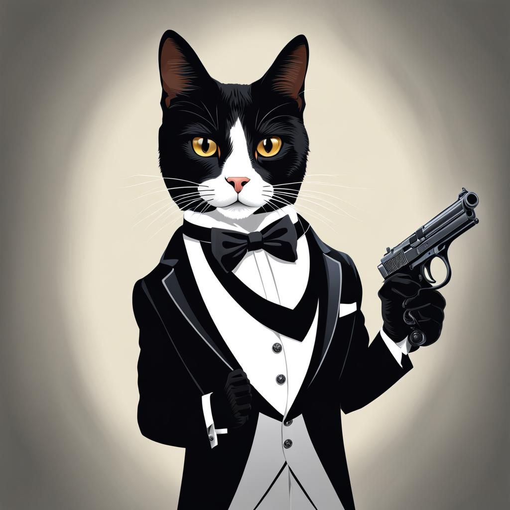 Tuxedo Cat as James Bond in Digital Painting