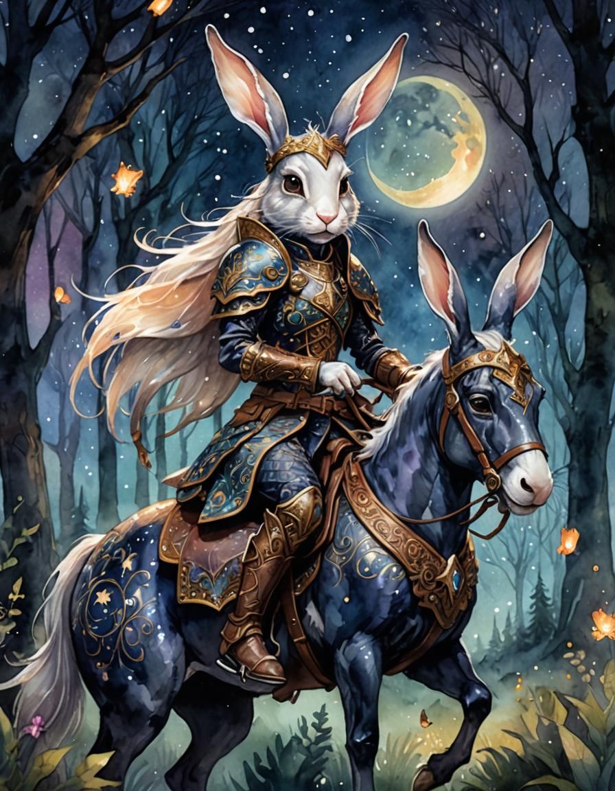 Night Elf on Giant Rabbit in Watercolor Style