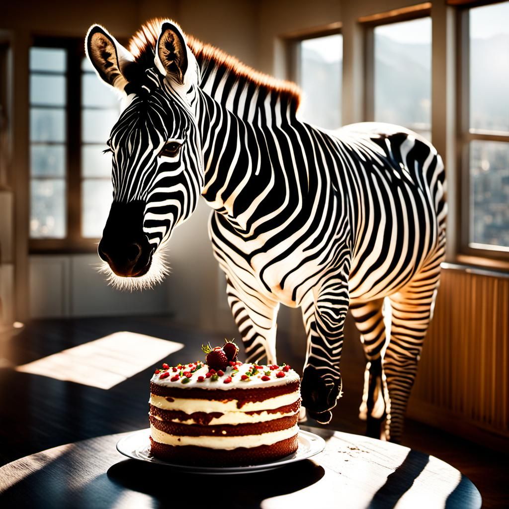 Zebra Celebrates with Cake: Hyperrealistic Kitchen Scene
