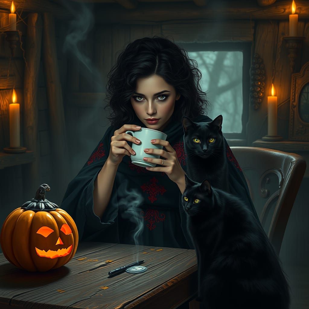 Dark Mystic Latina in Ancient Cabin with Cat and Pumpkin