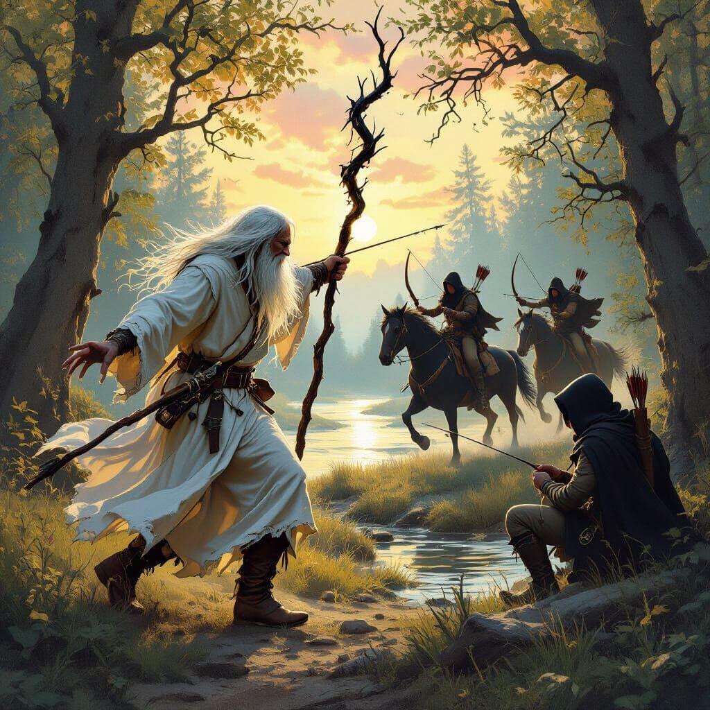 Wizard Flees Shadow Riders in Dappled Forest Light
