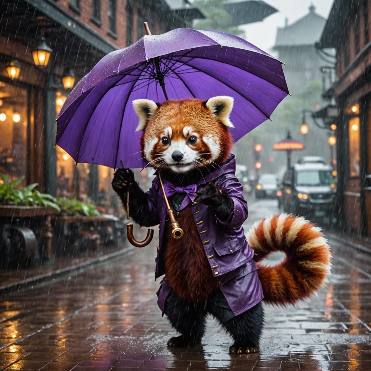 Red Panda dancing in the rain with a purple umbrella