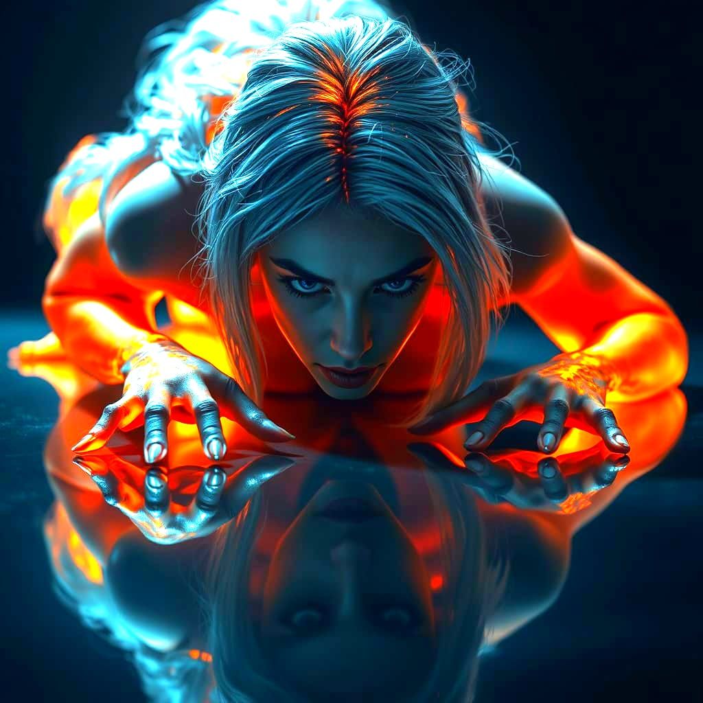 Ethereal Shadow Woman Crawling with Dramatic Lighting