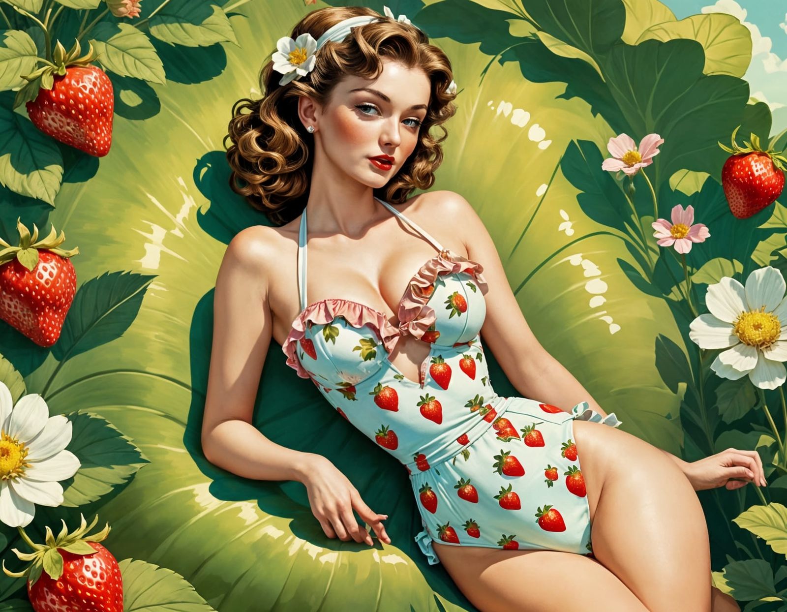 Vintage Pin-Up Girl in Strawberry Bikini Amidst Blooming Flo...