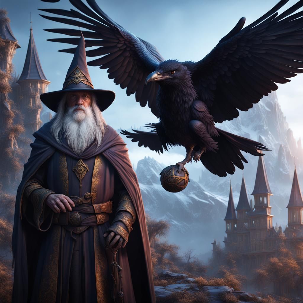 Wizard and Raven Familiar in Detailed Matte Painting