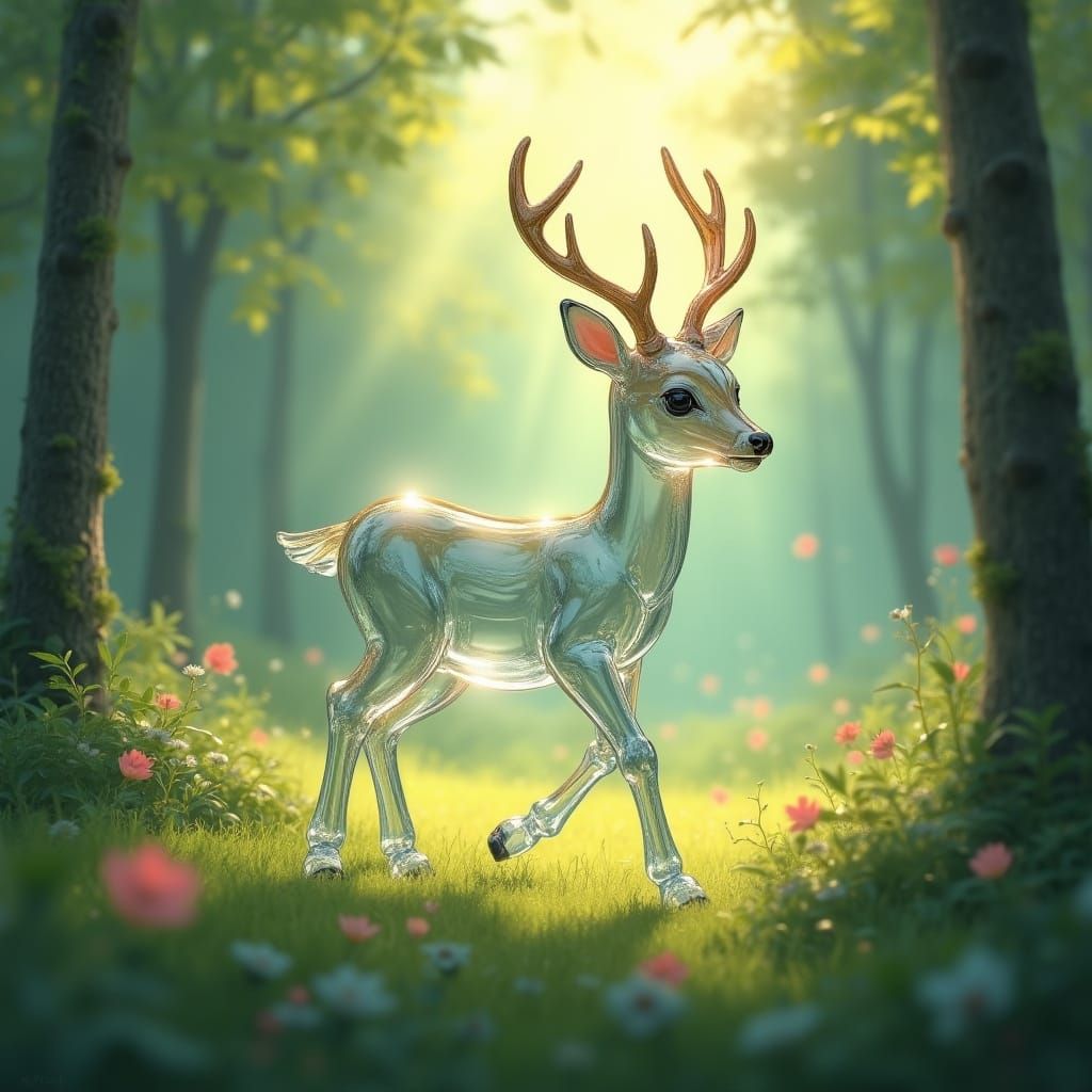 Glass Deer in Ethereal Forest Sunlight