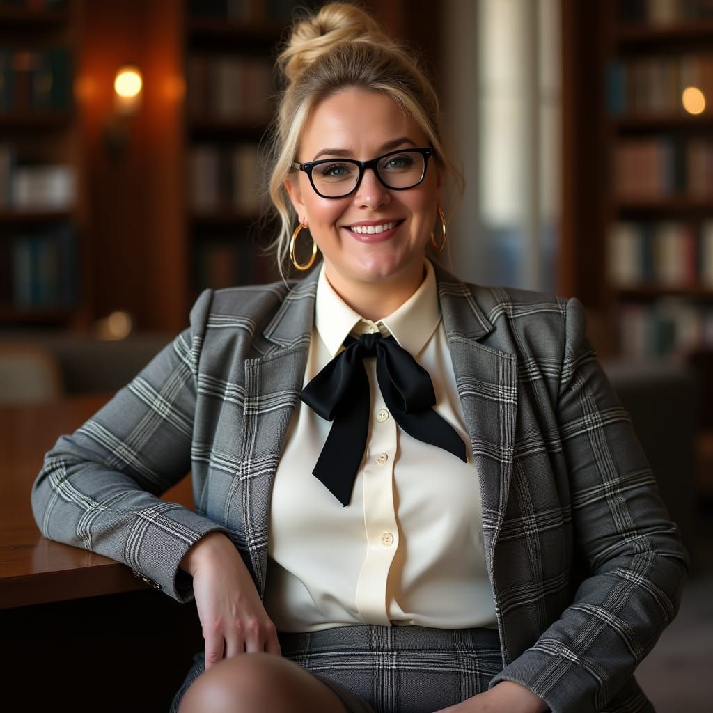 Plus-Size Nordic News Reporter in Elegant Library at Sunset