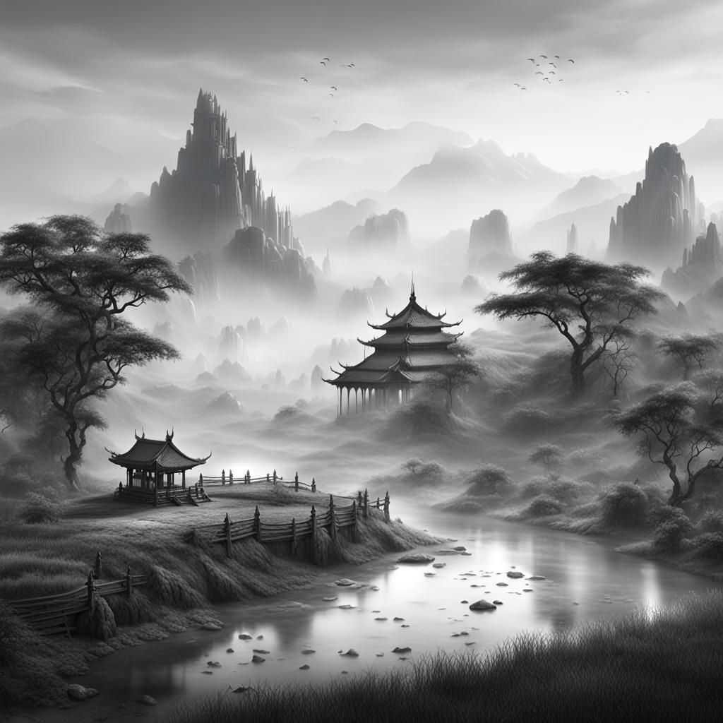 Misty Asian Landscape in Black and White