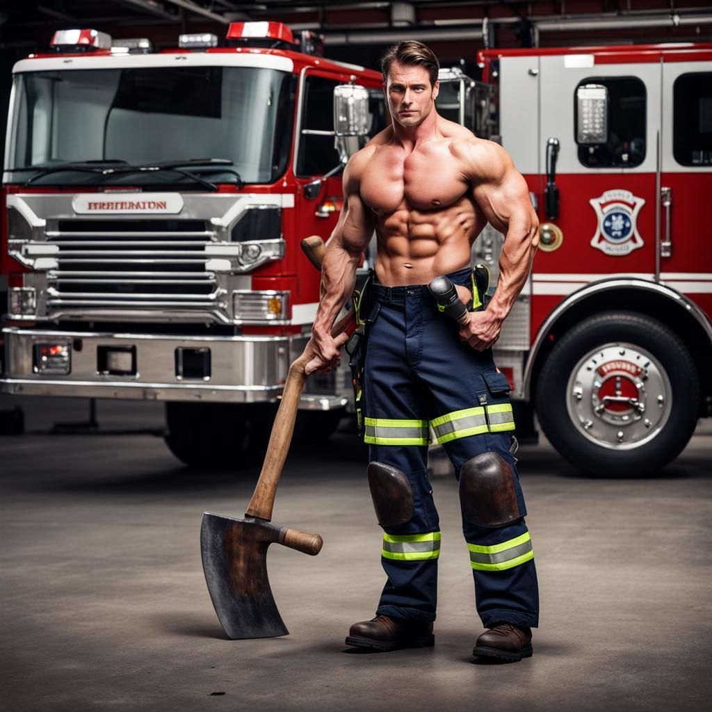 Handsome Young Firefighter with Axe at Fire Station