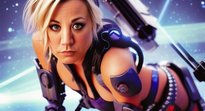 Kaley Cuoco as a space Pirate, in a lazer battle, robots and space police, Highly detaled