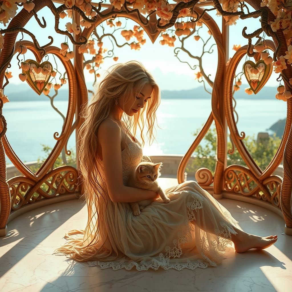 Dreamlike Cat Lady in a Heart-Shaped Atrium Wonderland