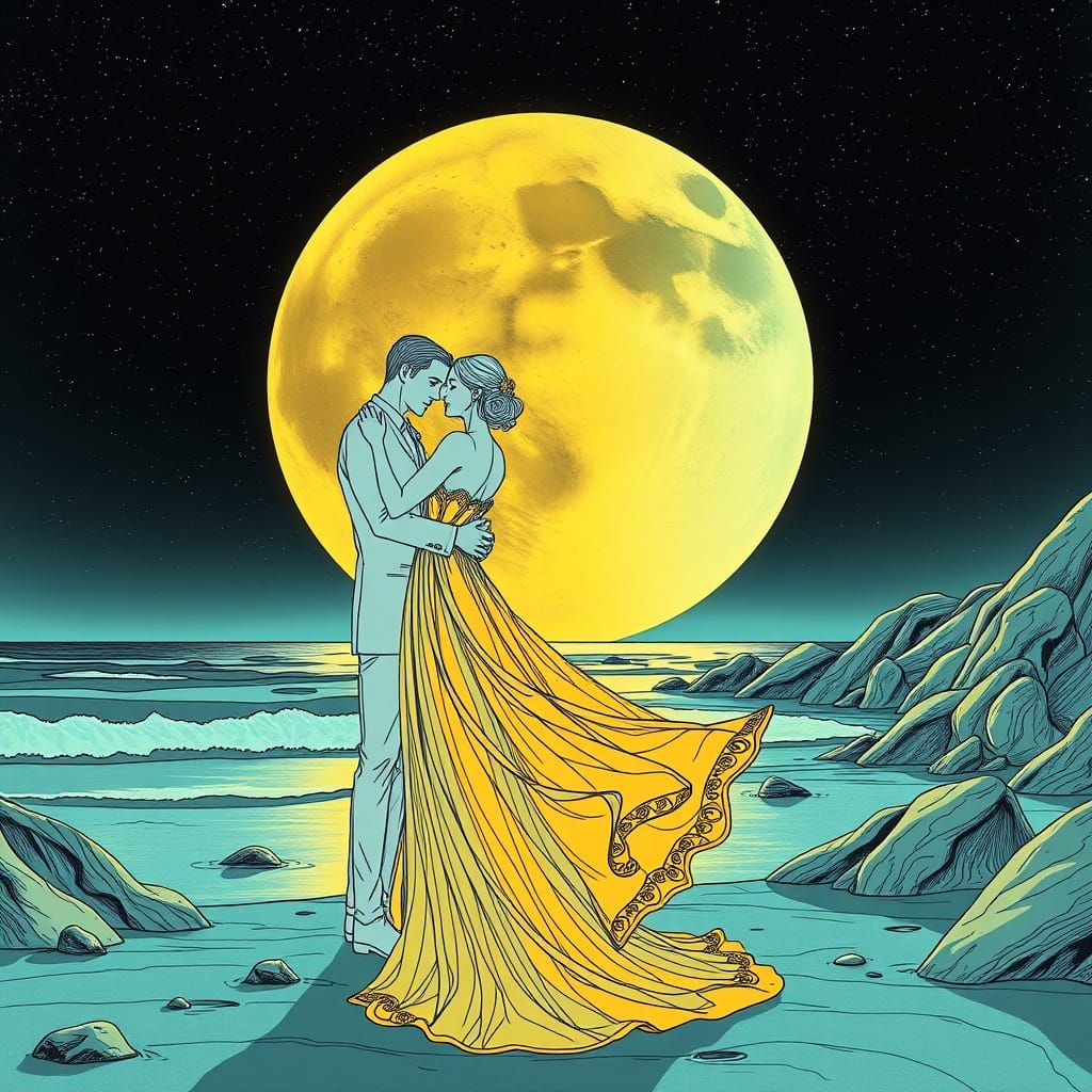 Elegant Moonlit Couple in Black and White Line Art